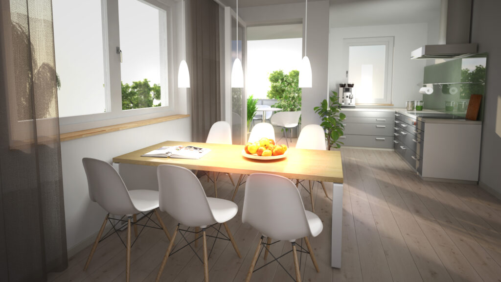 Moderner Neubau Hockenheim Esszimmer Küche mit Balkon